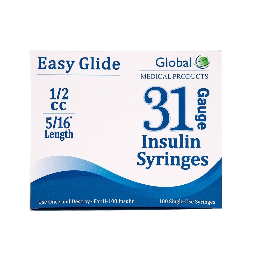 Global Easy Glide <br> Box of 100 Insulin Syringes  <br> 31G | .5CC | 5/16"